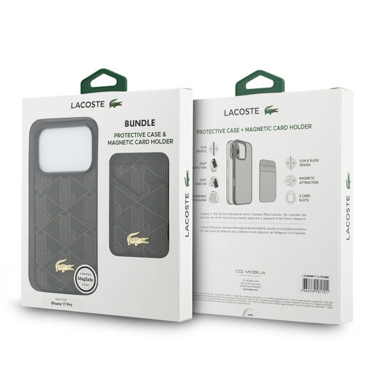 Apple iPhone 17 Pro Max Kılıf Lacoste Orjinal Lisanslı M-safe Şarj Özellikli PU Deri Tasarımlı Kartlıklı Karışık Monogram Desenli Kapak - 10