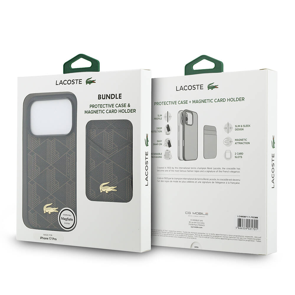 Apple iPhone 17 Pro Max Kılıf Lacoste Orjinal Lisanslı M-safe Şarj Özellikli PU Deri Tasarımlı Kartlıklı Karışık Monogram Desenli Kapak - 10