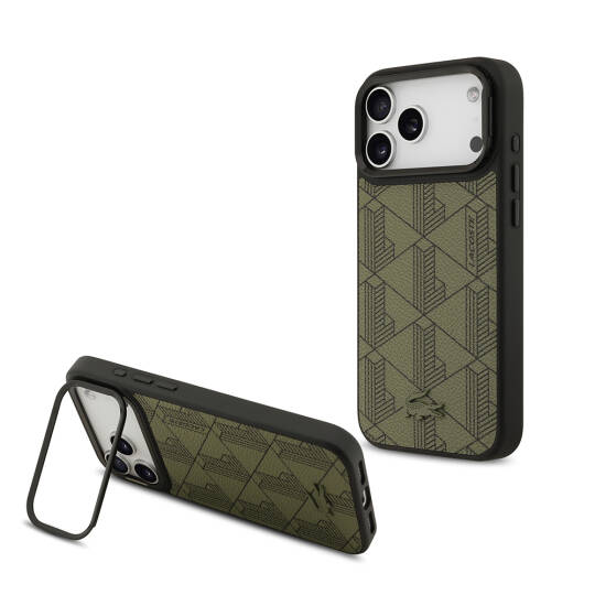 Apple iPhone 17 Pro Max Kılıf Lacoste Orjinal Lisanslı M-safe Şarj Özellikli Standlı PU Deri Karışık Monogram Desenli Kapak - 10