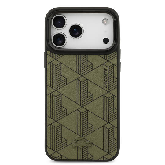 Apple iPhone 17 Pro Max Kılıf Lacoste Orjinal Lisanslı M-safe Şarj Özellikli Standlı PU Deri Karışık Monogram Desenli Kapak - 12