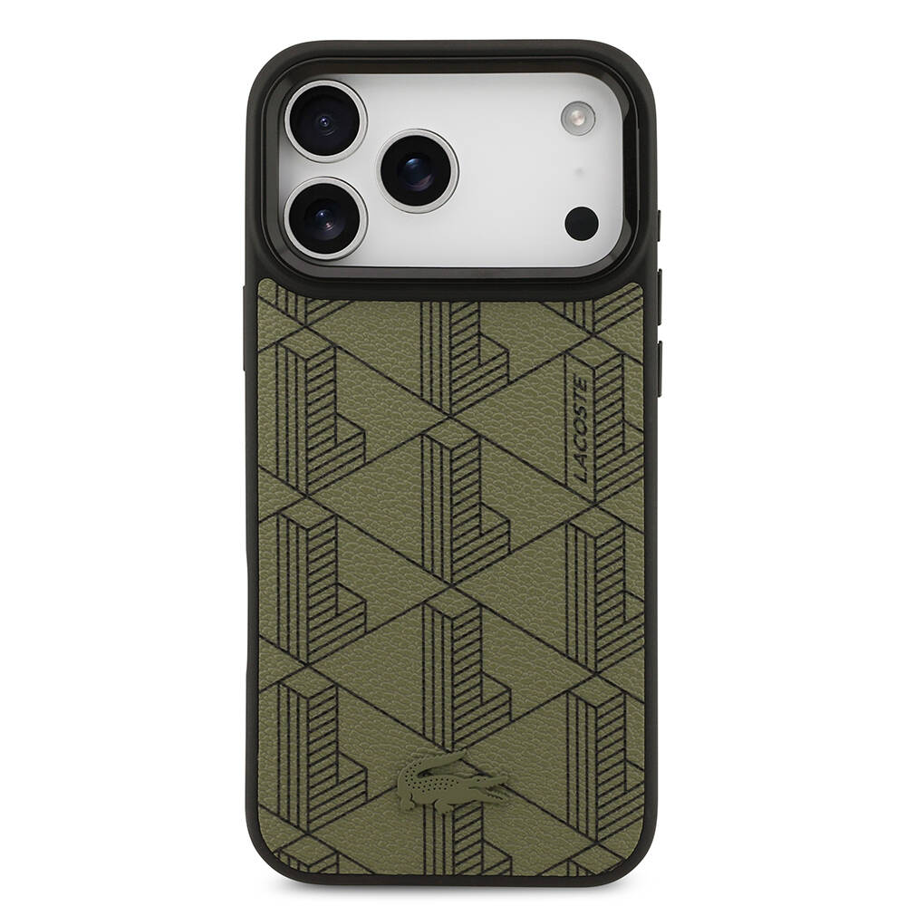 Apple iPhone 17 Pro Max Kılıf Lacoste Orjinal Lisanslı M-safe Şarj Özellikli Standlı PU Deri Karışık Monogram Desenli Kapak - 12