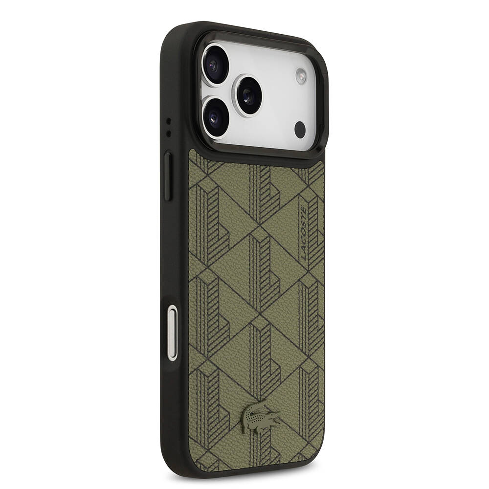 Apple iPhone 17 Pro Max Kılıf Lacoste Orjinal Lisanslı M-safe Şarj Özellikli Standlı PU Deri Karışık Monogram Desenli Kapak - 13