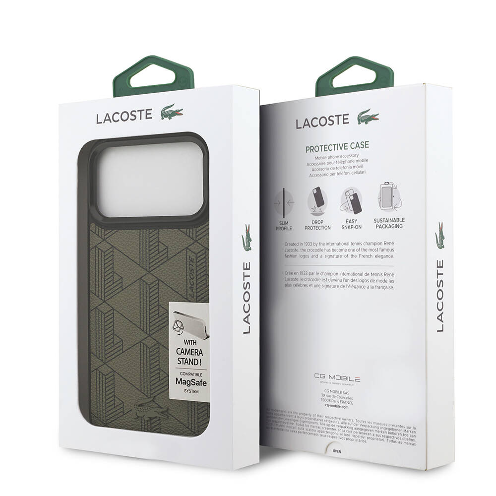 Apple iPhone 17 Pro Max Kılıf Lacoste Orjinal Lisanslı M-safe Şarj Özellikli Standlı PU Deri Karışık Monogram Desenli Kapak - 17