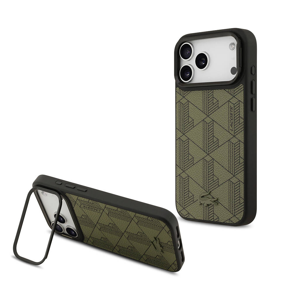 Apple iPhone 17 Pro Max Kılıf Lacoste Orjinal Lisanslı M-safe Şarj Özellikli Standlı PU Deri Karışık Monogram Desenli Kapak - 9