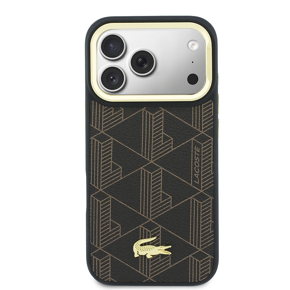Apple iPhone 17 Pro Max Kılıf Lacoste Orjinal Lisanslı M-safe Şarj Özellikli Standlı PU Deri Karışık Monogram Desenli Kapak - 3