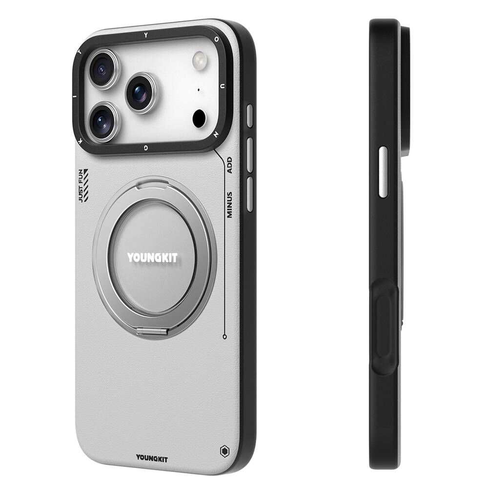 Apple iPhone 17 Pro Max Kılıf M-safe Şarj Özellikli 360 Derece Standlı Basit Mat Deri Desenli Youngkit Tech Leather Serisi Kapak - 10