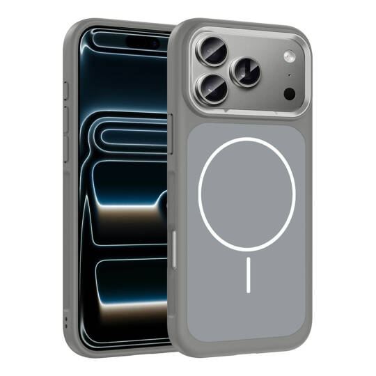 Apple iPhone 17 Pro Max Kılıf M-Safe Şarj Özellikli Metal Kamera Çerçeveli Zore Sanremo Silikon Kapak Gri