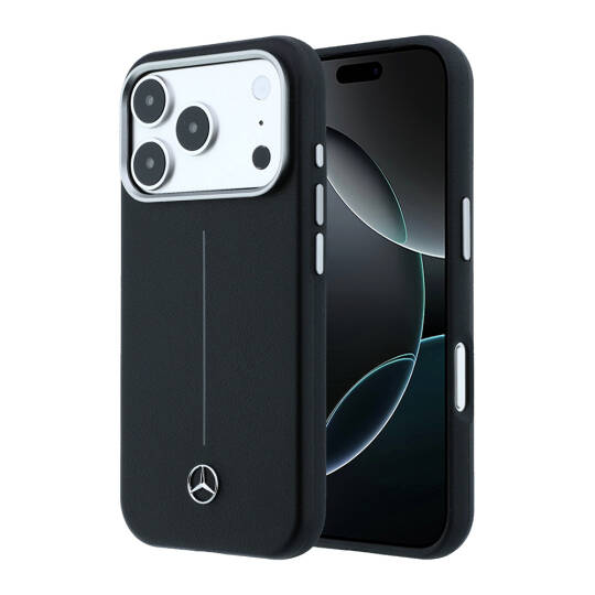 Apple iPhone 17 Pro Max Kılıf Mercedes Benz Orjinal Lisanslı M-safe Şarj Özellikli Metal Yıldız Logolu Çizgili Deri Kapak