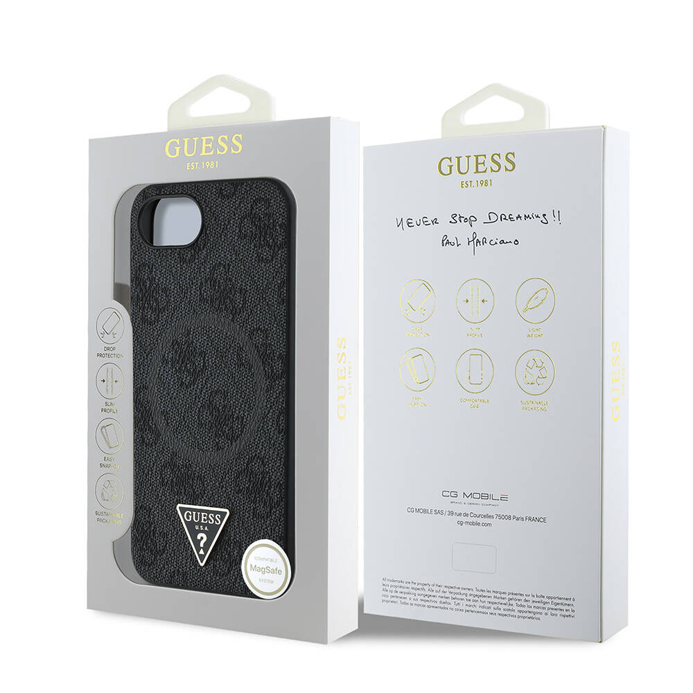 Apple iPhone 17E Kılıf Guess Orjinal Lisanslı M-safe Şarj Özellikli PU Üçgen Logo 4G Desenli Kapak - 17