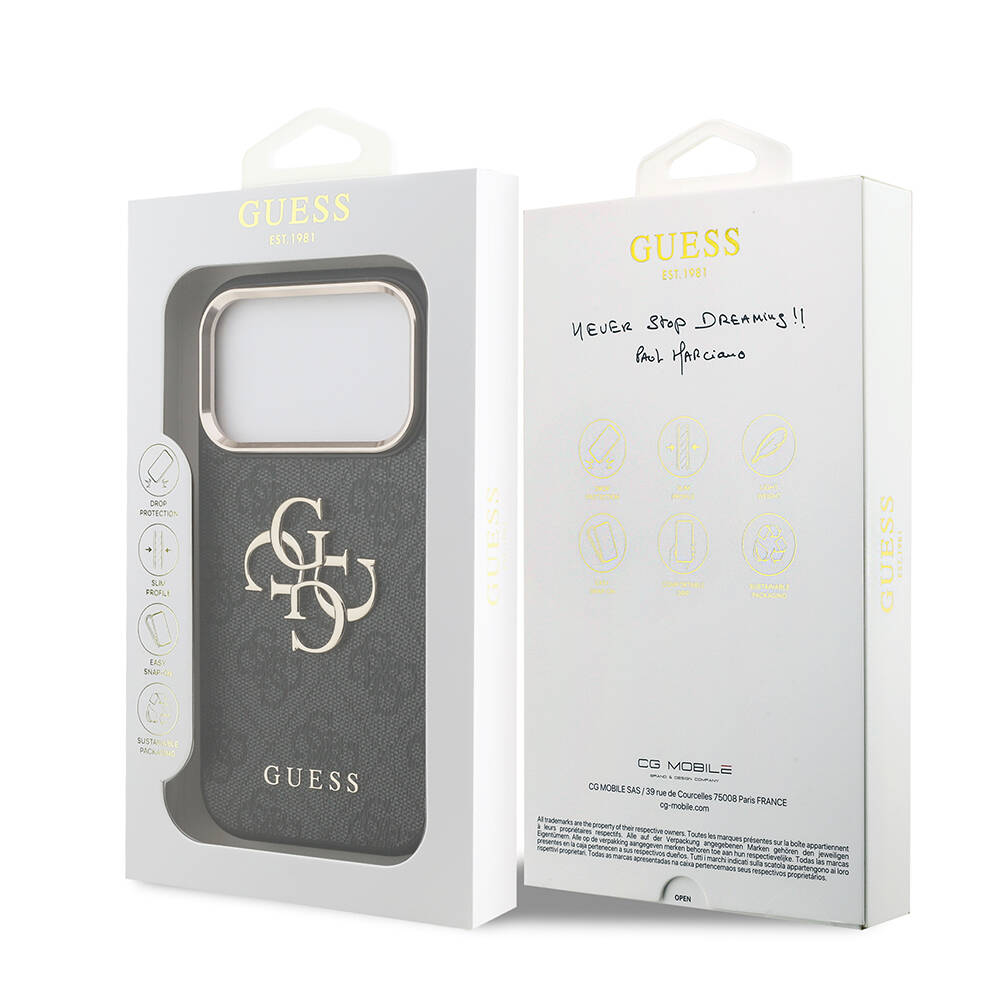 Apple iPhone 18 Pro Kılıf Guess Orjinal Lisanslı Gold Metal Kamera Çerçeveli 4G Desenli Metal Büyük 4G ve Yazı Logolu Kapak - 21