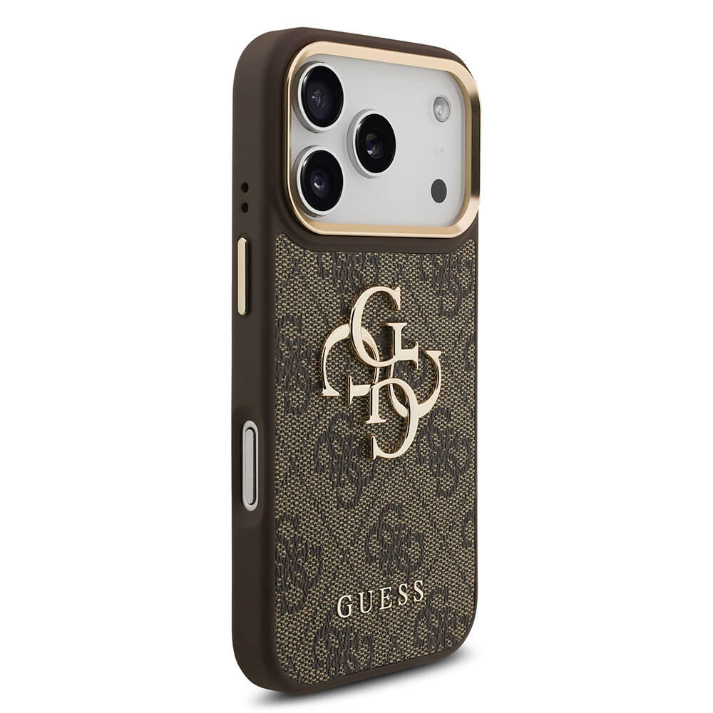 Apple iPhone 18 Pro Kılıf Guess Orjinal Lisanslı Gold Metal Kamera Çerçeveli 4G Desenli Metal Büyük 4G ve Yazı Logolu Kapak - 27