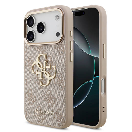 Apple iPhone 18 Pro Kılıf Guess Orjinal Lisanslı Gold Metal Kamera Çerçeveli 4G Desenli Metal Büyük 4G ve Yazı Logolu Kapak - 11