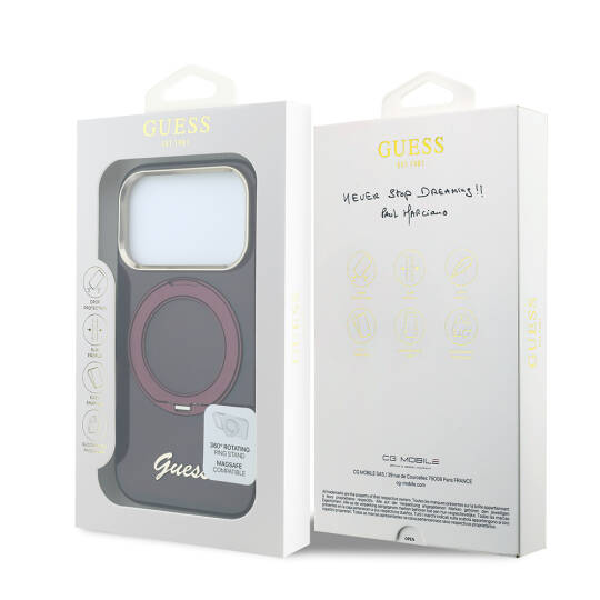 Apple iPhone 18 Pro Kılıf Guess Orjinal Lisanslı M-safe Şarj Özellikli 360 Derece Dönebilen Standlı Metal Yazı Logolu Silikon Kapak - 8