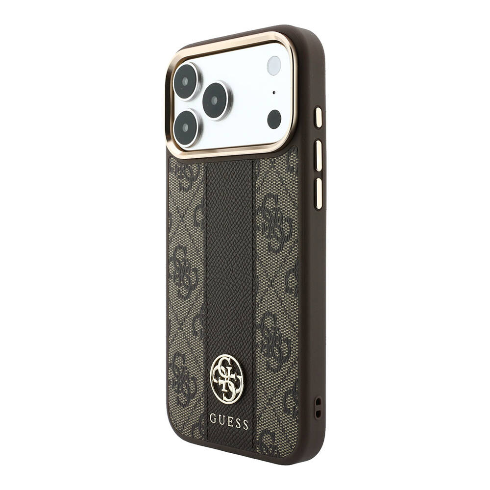 Apple iPhone 18 Pro Kılıf Guess Orjinal Lisanslı M-safe Şarj Özellikli Deri 4G Desenli Şeritli Yazı Logolu Kapak - 18