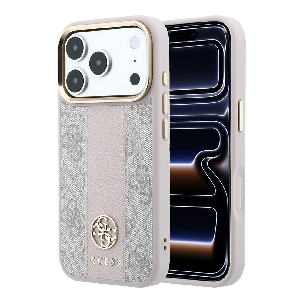 Apple iPhone 18 Pro Kılıf Guess Orjinal Lisanslı M-safe Şarj Özellikli Deri 4G Desenli Şeritli Yazı Logolu Kapak - 1