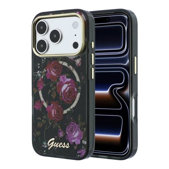 Apple iPhone 18 Pro Kılıf Guess Orjinal Lisanslı M-safe Şarj Özellikli Gül Desenli Simli Yazı Logolu Kapak - 25