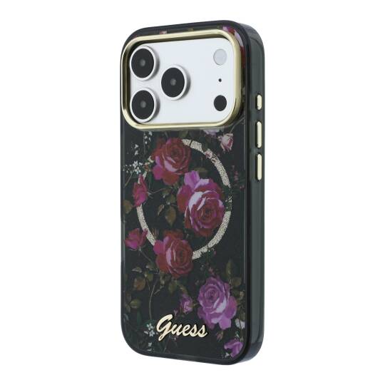 Apple iPhone 18 Pro Kılıf Guess Orjinal Lisanslı M-safe Şarj Özellikli Gül Desenli Simli Yazı Logolu Kapak - 26