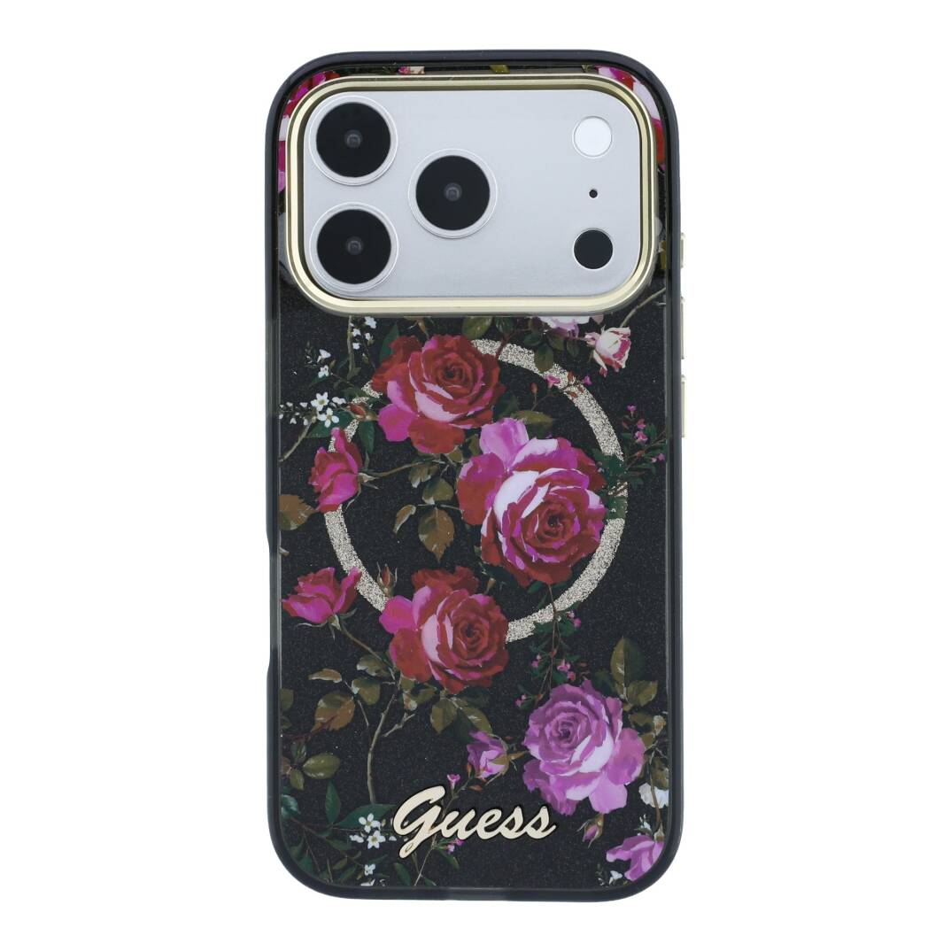 Apple iPhone 18 Pro Kılıf Guess Orjinal Lisanslı M-safe Şarj Özellikli Gül Desenli Simli Yazı Logolu Kapak - 27
