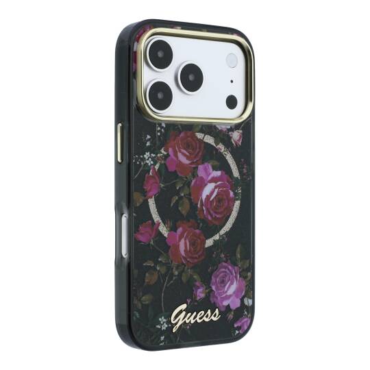 Apple iPhone 18 Pro Kılıf Guess Orjinal Lisanslı M-safe Şarj Özellikli Gül Desenli Simli Yazı Logolu Kapak - 28