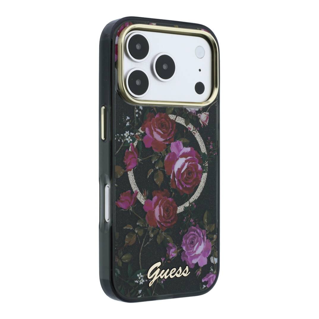 Apple iPhone 18 Pro Kılıf Guess Orjinal Lisanslı M-safe Şarj Özellikli Gül Desenli Simli Yazı Logolu Kapak - 28