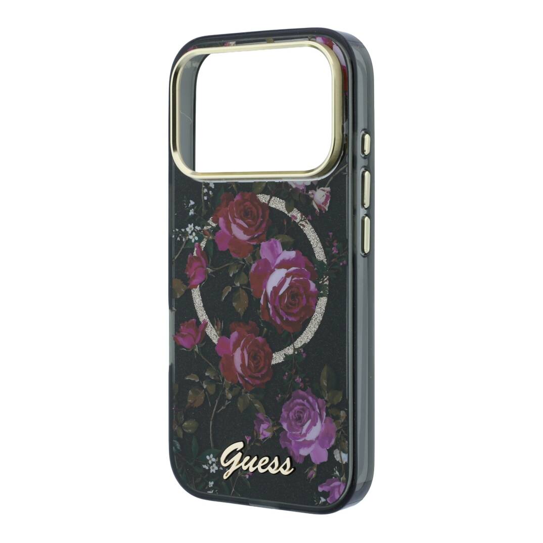 Apple iPhone 18 Pro Kılıf Guess Orjinal Lisanslı M-safe Şarj Özellikli Gül Desenli Simli Yazı Logolu Kapak - 30