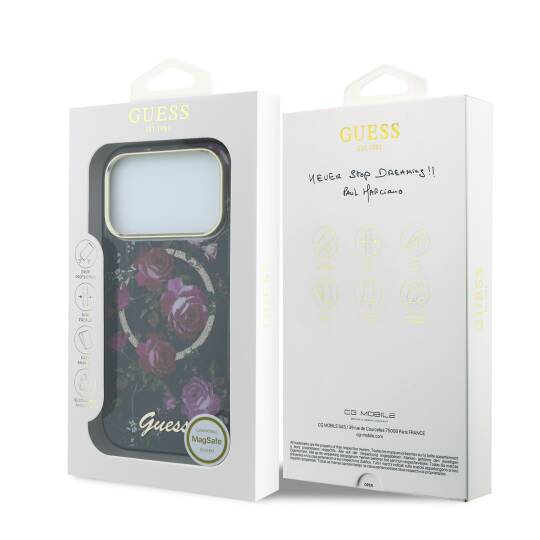 Apple iPhone 18 Pro Kılıf Guess Orjinal Lisanslı M-safe Şarj Özellikli Gül Desenli Simli Yazı Logolu Kapak - 32