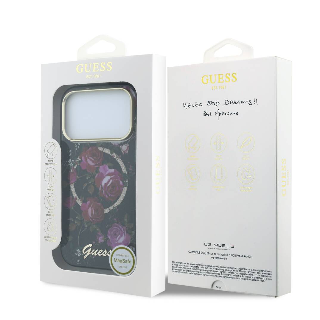 Apple iPhone 18 Pro Kılıf Guess Orjinal Lisanslı M-safe Şarj Özellikli Gül Desenli Simli Yazı Logolu Kapak - 32