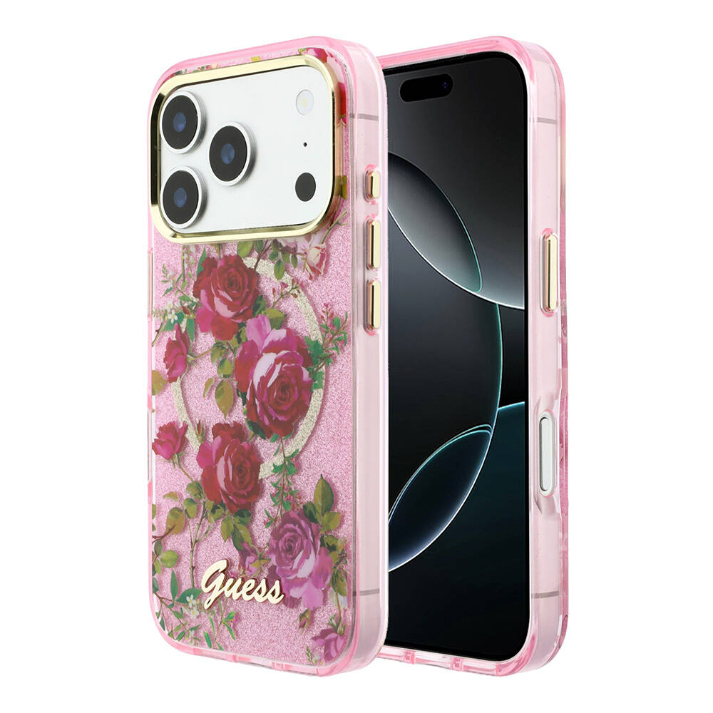 Apple iPhone 18 Pro Kılıf Guess Orjinal Lisanslı M-safe Şarj Özellikli Gül Desenli Simli Yazı Logolu Kapak - 17