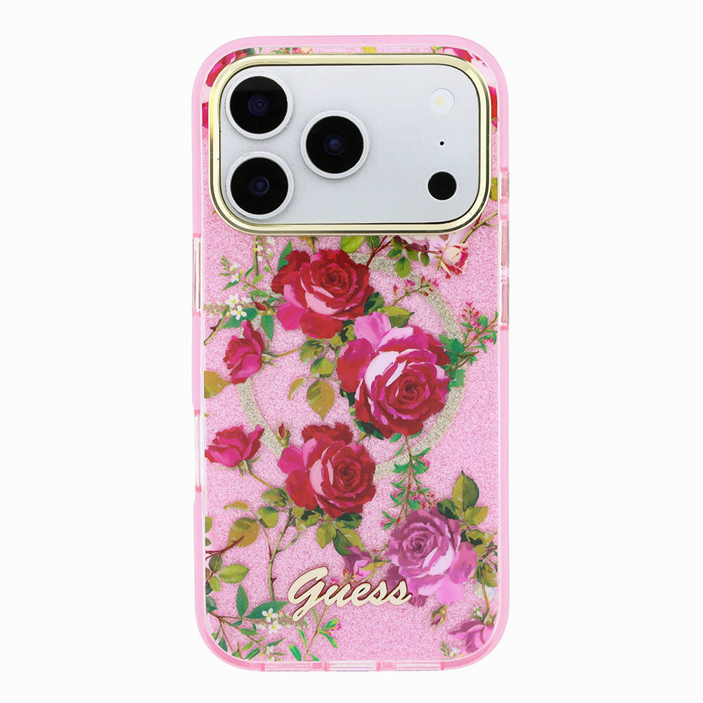 Apple iPhone 18 Pro Kılıf Guess Orjinal Lisanslı M-safe Şarj Özellikli Gül Desenli Simli Yazı Logolu Kapak - 19