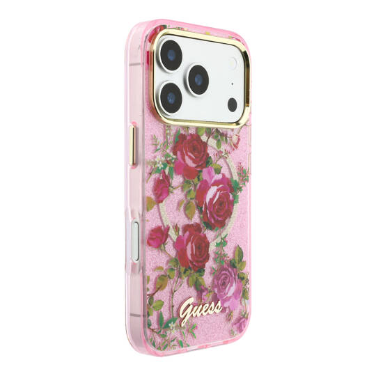 Apple iPhone 18 Pro Kılıf Guess Orjinal Lisanslı M-safe Şarj Özellikli Gül Desenli Simli Yazı Logolu Kapak - 20