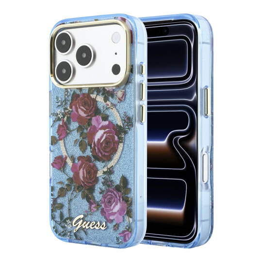 Apple iPhone 18 Pro Kılıf Guess Orjinal Lisanslı M-safe Şarj Özellikli Gül Desenli Simli Yazı Logolu Kapak - 9