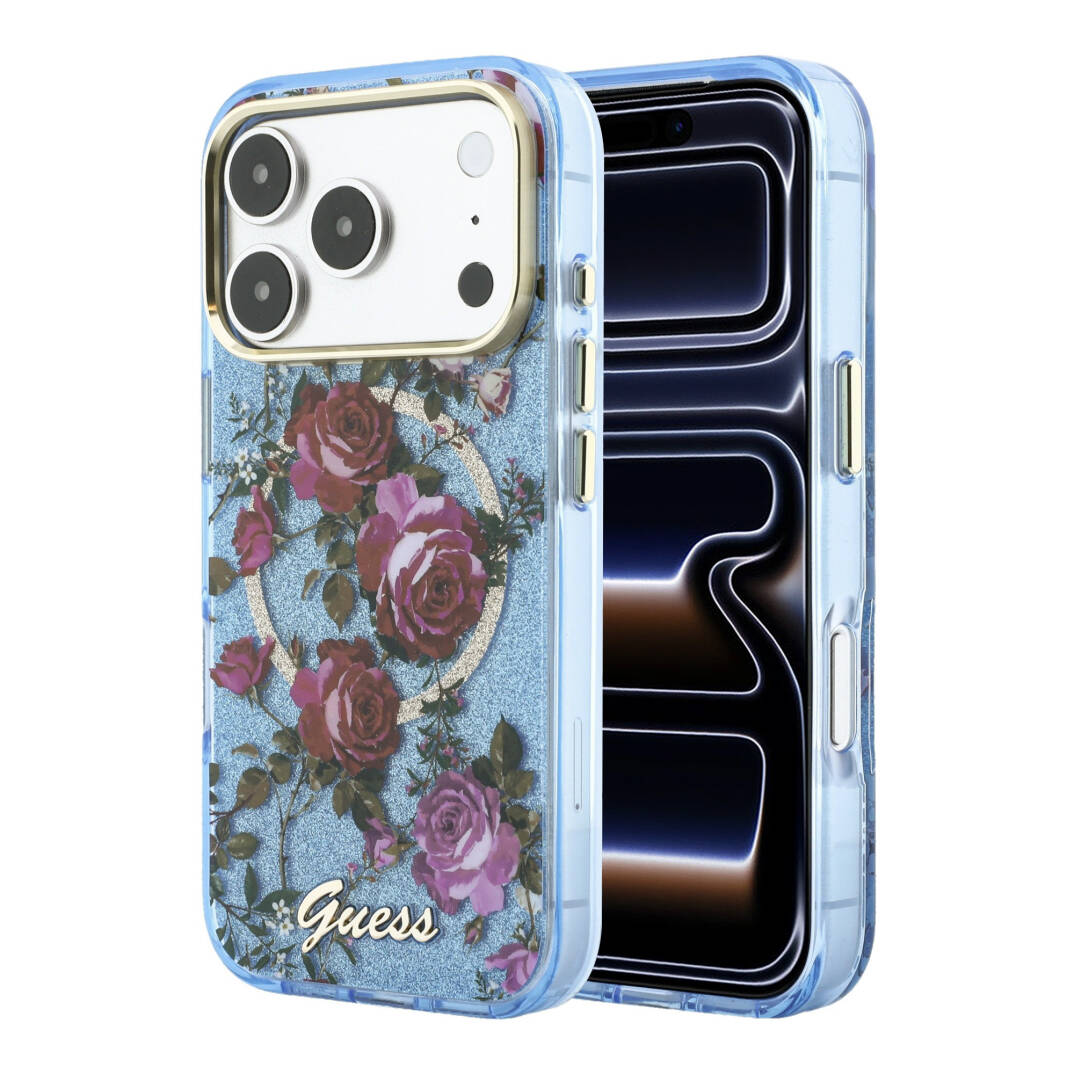 Apple iPhone 18 Pro Kılıf Guess Orjinal Lisanslı M-safe Şarj Özellikli Gül Desenli Simli Yazı Logolu Kapak - 9