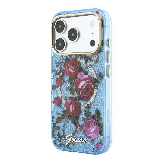 Apple iPhone 18 Pro Kılıf Guess Orjinal Lisanslı M-safe Şarj Özellikli Gül Desenli Simli Yazı Logolu Kapak - 10