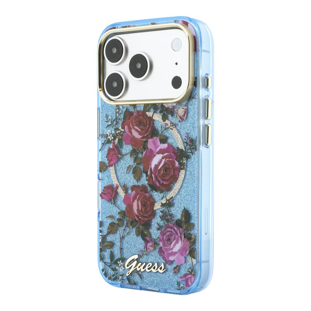 Apple iPhone 18 Pro Kılıf Guess Orjinal Lisanslı M-safe Şarj Özellikli Gül Desenli Simli Yazı Logolu Kapak - 10