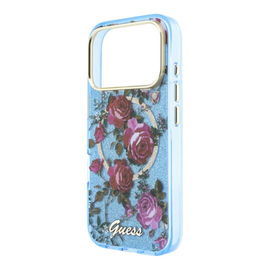 Apple iPhone 18 Pro Kılıf Guess Orjinal Lisanslı M-safe Şarj Özellikli Gül Desenli Simli Yazı Logolu Kapak - 14