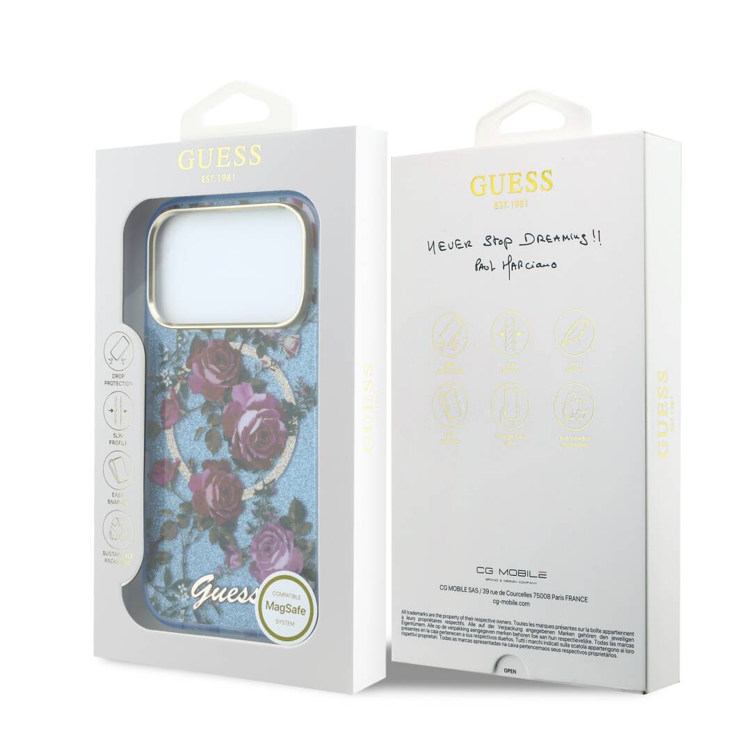 Apple iPhone 18 Pro Kılıf Guess Orjinal Lisanslı M-safe Şarj Özellikli Gül Desenli Simli Yazı Logolu Kapak - 16