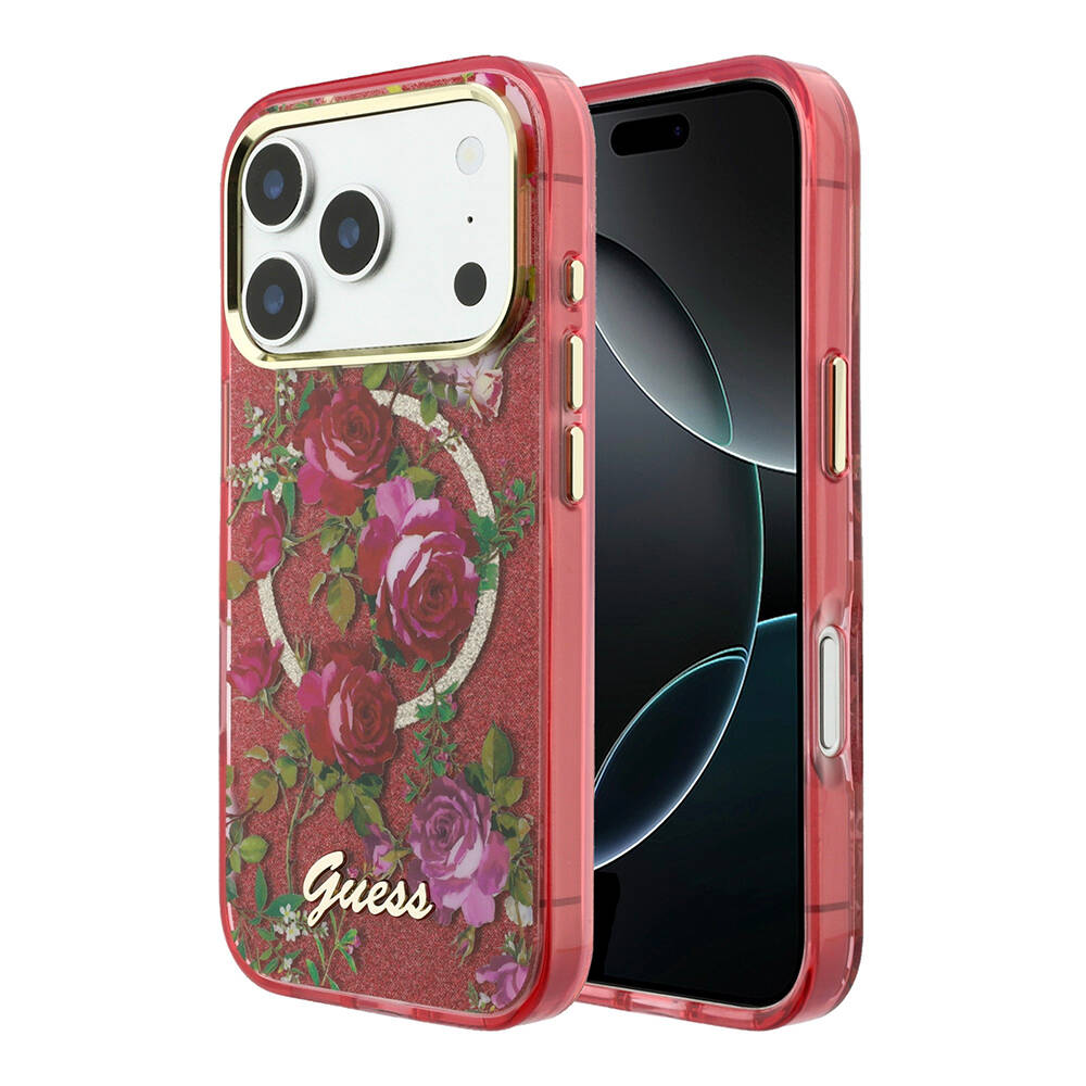 Apple iPhone 18 Pro Kılıf Guess Orjinal Lisanslı M-safe Şarj Özellikli Gül Desenli Simli Yazı Logolu Kapak - 1