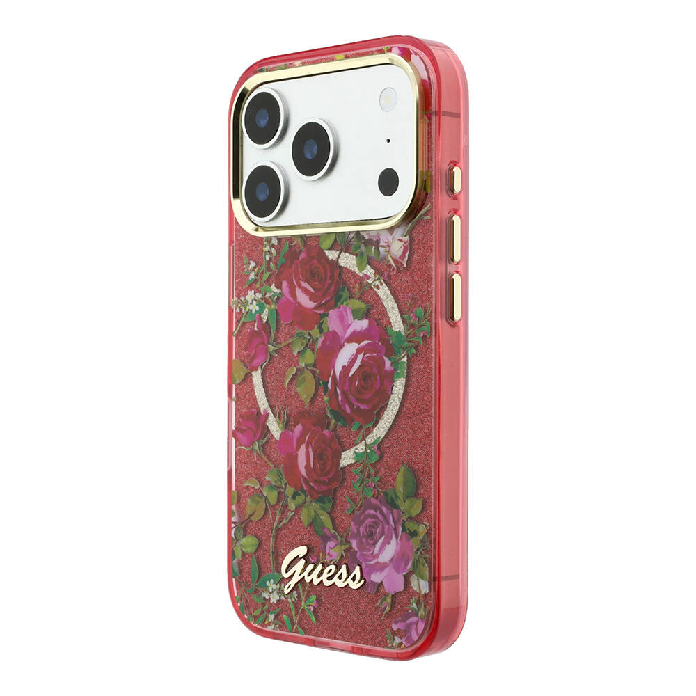 Apple iPhone 18 Pro Kılıf Guess Orjinal Lisanslı M-safe Şarj Özellikli Gül Desenli Simli Yazı Logolu Kapak - 2