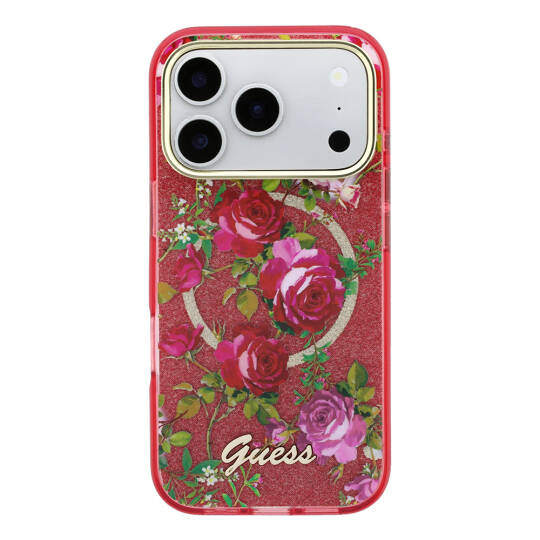 Apple iPhone 18 Pro Kılıf Guess Orjinal Lisanslı M-safe Şarj Özellikli Gül Desenli Simli Yazı Logolu Kapak - 3