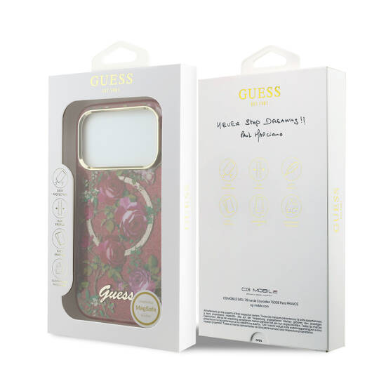 Apple iPhone 18 Pro Kılıf Guess Orjinal Lisanslı M-safe Şarj Özellikli Gül Desenli Simli Yazı Logolu Kapak - 8