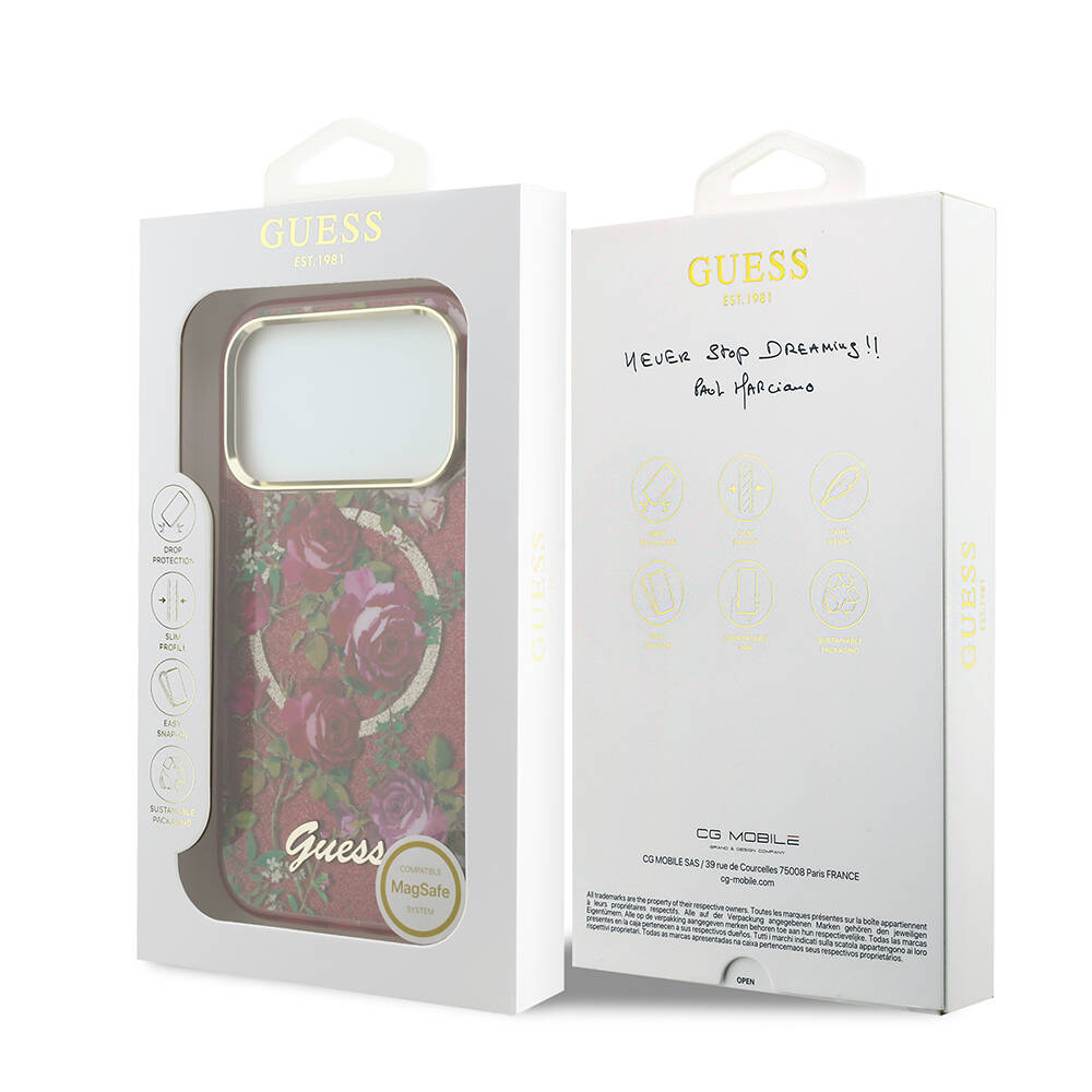 Apple iPhone 18 Pro Kılıf Guess Orjinal Lisanslı M-safe Şarj Özellikli Gül Desenli Simli Yazı Logolu Kapak - 8