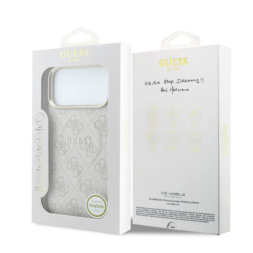 Apple iPhone 18 Pro Kılıf Guess Orjinal Lisanslı M-safe Şarj Özellikli Metal Kamera Çerçeveli C-Magnet 4G Desenli Yazı Logolu Kapak - 32