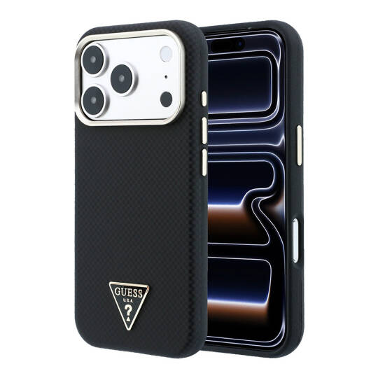 Apple iPhone 18 Pro Kılıf Guess Orjinal Lisanslı M-safe Şarj Özellikli PU Metal Üçgen Logolu Karbon Fiber Kevlar Kapak - 17