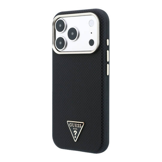Apple iPhone 18 Pro Kılıf Guess Orjinal Lisanslı M-safe Şarj Özellikli PU Metal Üçgen Logolu Karbon Fiber Kevlar Kapak - 18