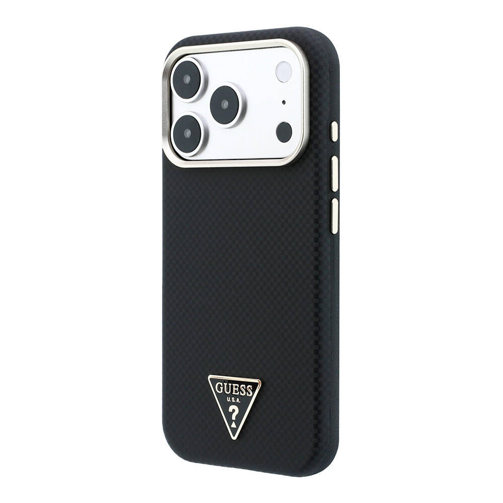 Apple iPhone 18 Pro Kılıf Guess Orjinal Lisanslı M-safe Şarj Özellikli PU Metal Üçgen Logolu Karbon Fiber Kevlar Kapak - 18
