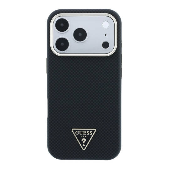 Apple iPhone 18 Pro Kılıf Guess Orjinal Lisanslı M-safe Şarj Özellikli PU Metal Üçgen Logolu Karbon Fiber Kevlar Kapak - 19