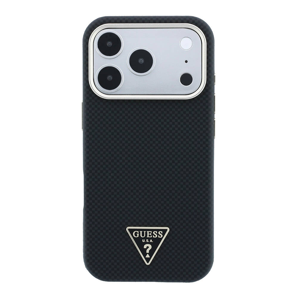 Apple iPhone 18 Pro Kılıf Guess Orjinal Lisanslı M-safe Şarj Özellikli PU Metal Üçgen Logolu Karbon Fiber Kevlar Kapak - 19