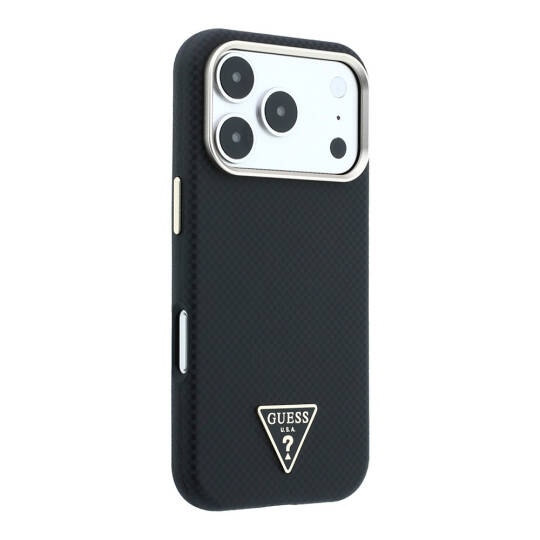 Apple iPhone 18 Pro Kılıf Guess Orjinal Lisanslı M-safe Şarj Özellikli PU Metal Üçgen Logolu Karbon Fiber Kevlar Kapak - 20