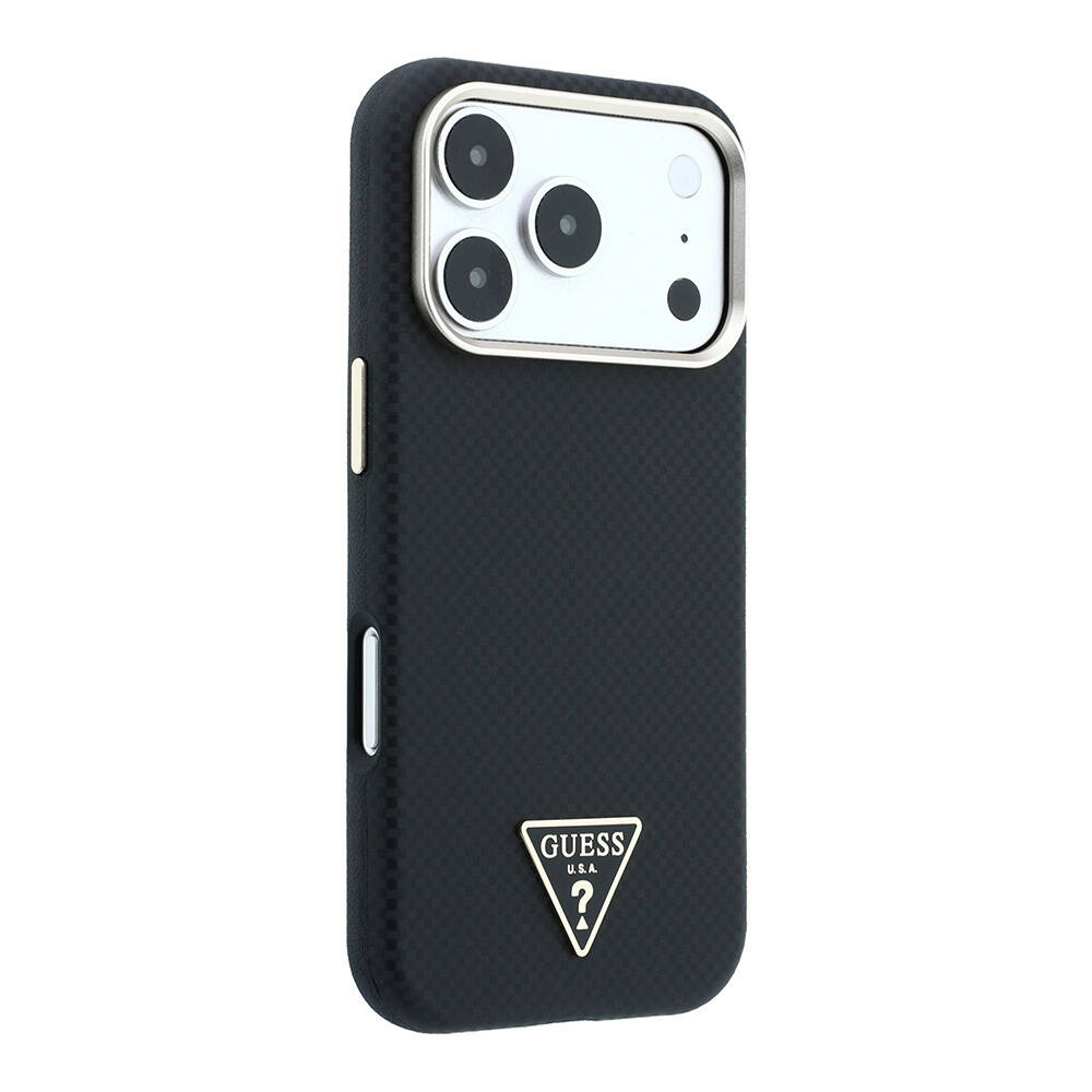 Apple iPhone 18 Pro Kılıf Guess Orjinal Lisanslı M-safe Şarj Özellikli PU Metal Üçgen Logolu Karbon Fiber Kevlar Kapak - 20