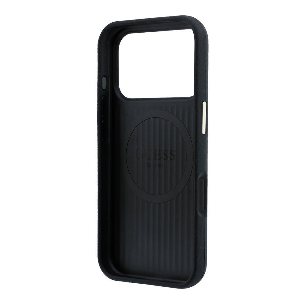Apple iPhone 18 Pro Kılıf Guess Orjinal Lisanslı M-safe Şarj Özellikli PU Metal Üçgen Logolu Karbon Fiber Kevlar Kapak - 23